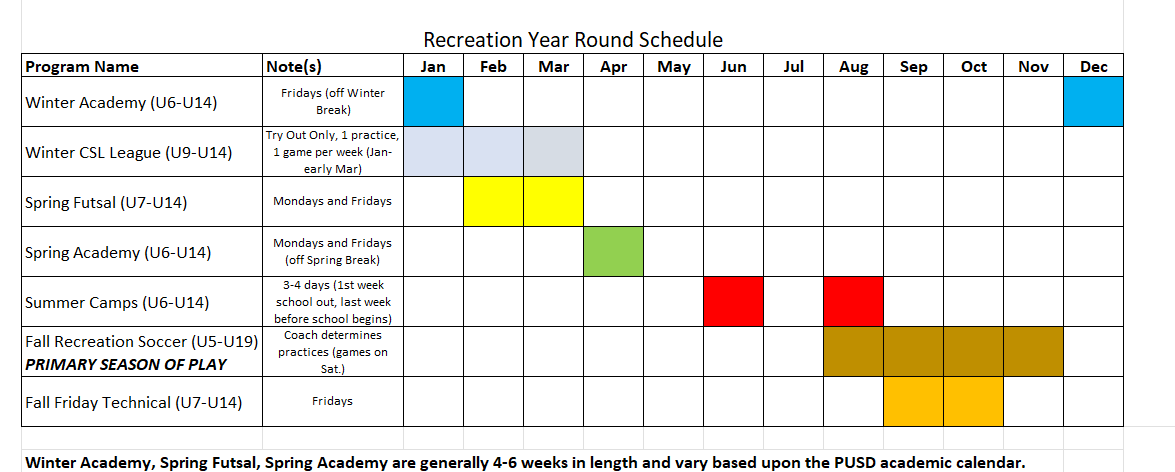 BUSC rec calendar